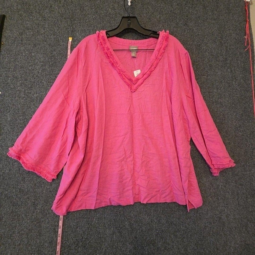 Chico's Blouse Womens 4 Pink Linen Fringe Trim V Neck 3/4 Sleeve Tunic Top NWT